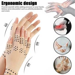 1 Pair Magnetic Therapy Fingerless Gloves Anti Arthritis Pain Relief Compression Therapy Gloves Heal Joints - black