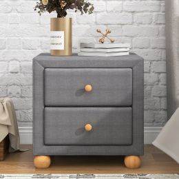 Modern Upholstered Storage Nightstand with 2 Drawers,Natural Wood Knobs - Dark Gray