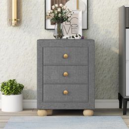 Modern Upholstered Storage Nightstand with 3 Drawers,Natural Wood Knobs - Dark Gray