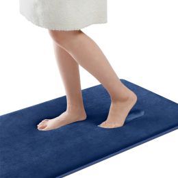 Small Memory Foam Bathroom Mats  Non Slip 0.7" Extra Thick Super Absorbent Bath Rugs Carpet Super Cozy Quick Dry Machine Wash  - Navy Blue - 17 "X 47"