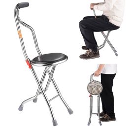 Walking Cane with Seat Aluminum Alloy Portable LED Floding Chair for Seniors Adult Height Adjustable Heavy Stick Stool for Elderly Gift - LA01
